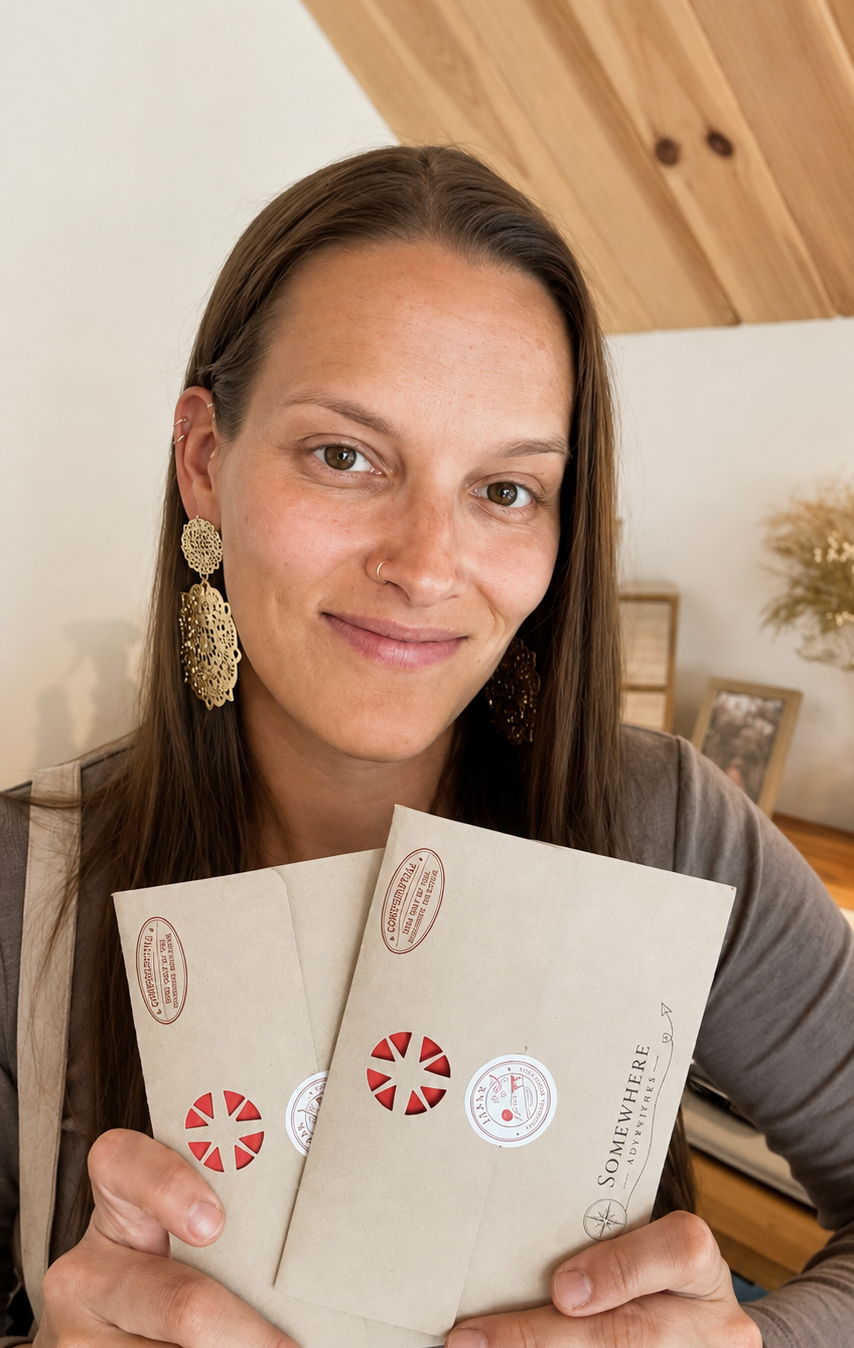 The founder of Somewhere Adventures smiling while working at her laptop