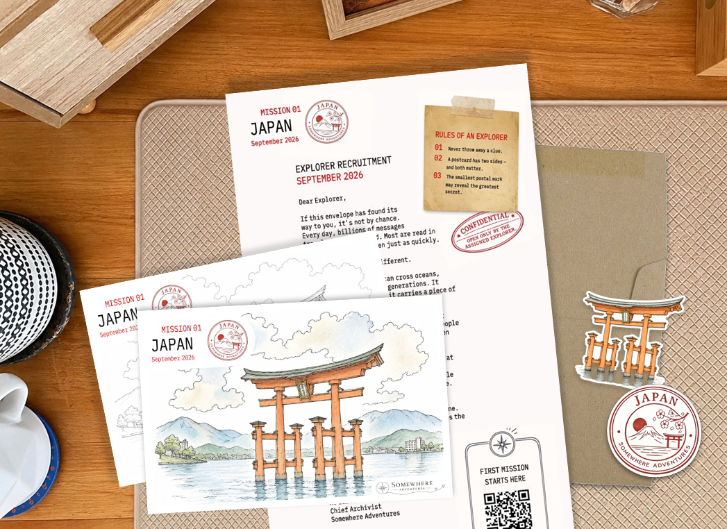 Somewhere Adventures mission envelope with postcards, stickers and clues